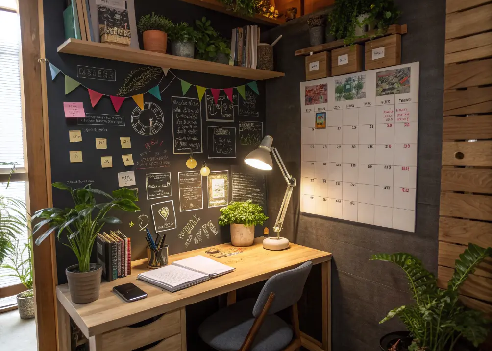small office with chalkboard wall filled with notes