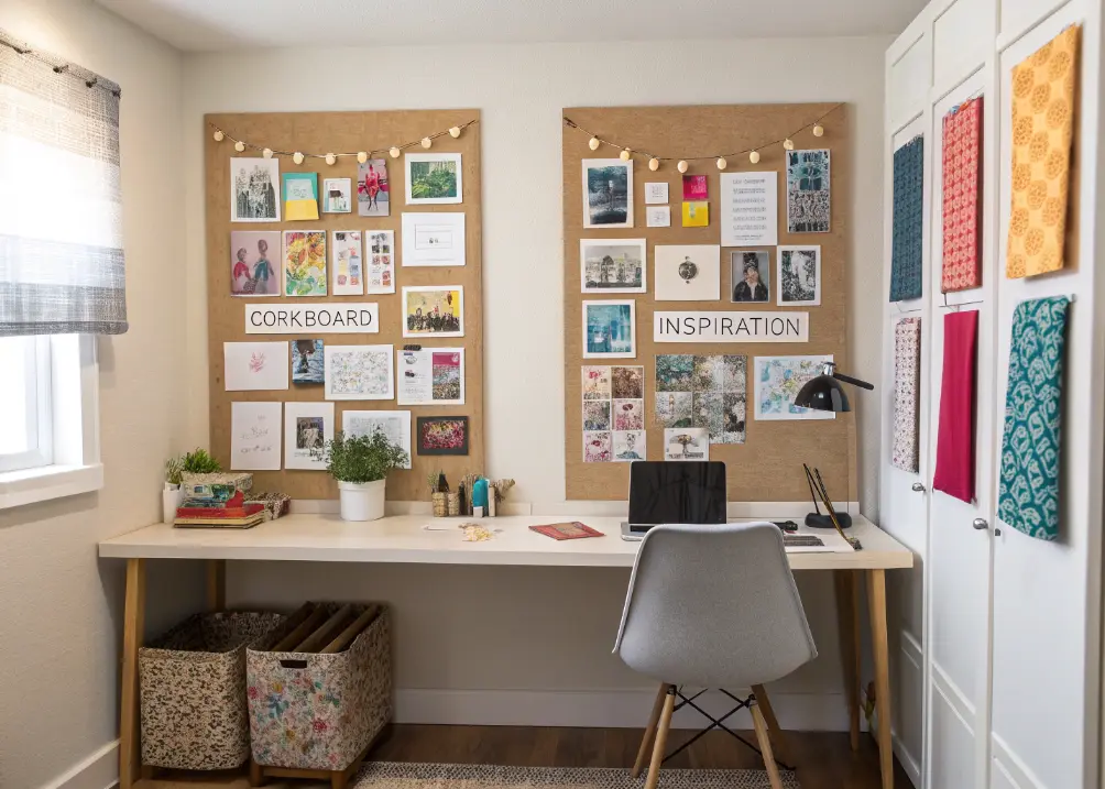 small office with corkboard andinspiration board