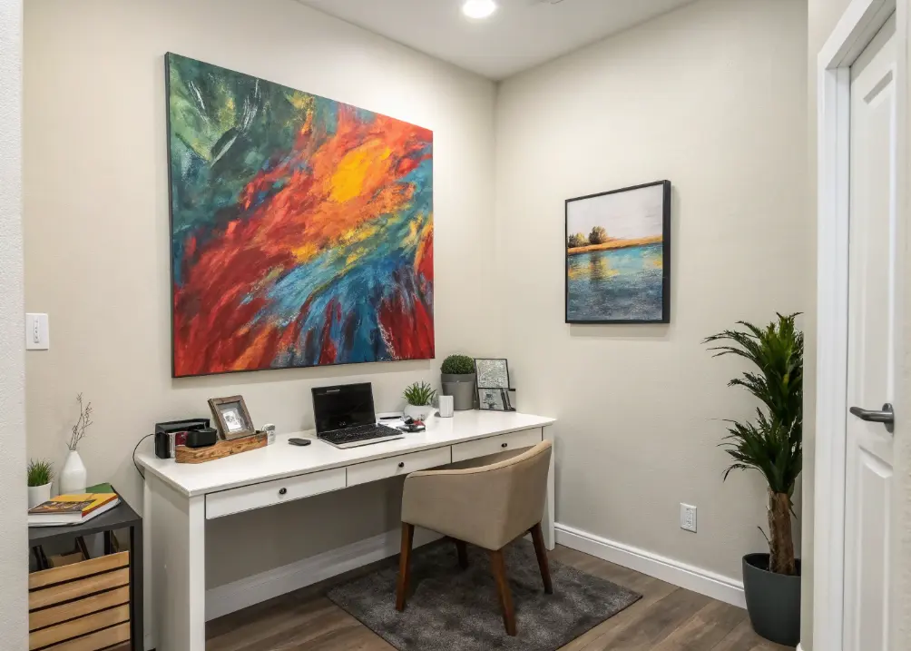 small office with oversized colorful abstract paint