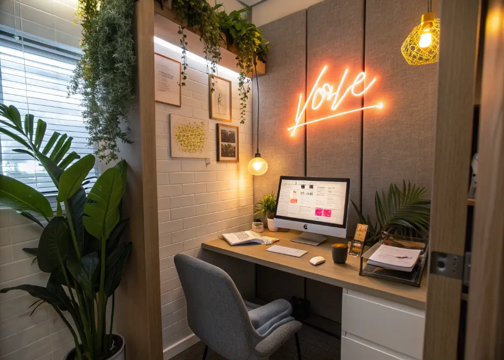 small office with playful led neon sign above desk