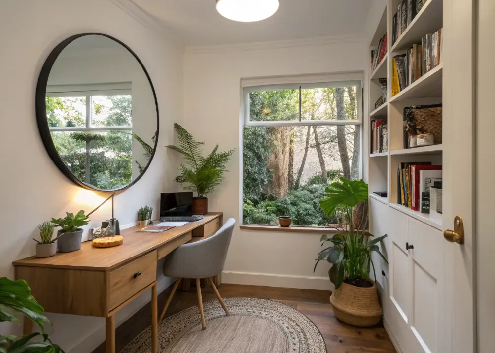 small office with round accent mirror on wall