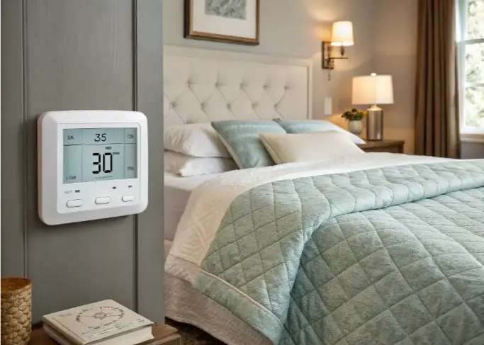 Bedroom thermostat set cool with breathable bedding for better sleep.