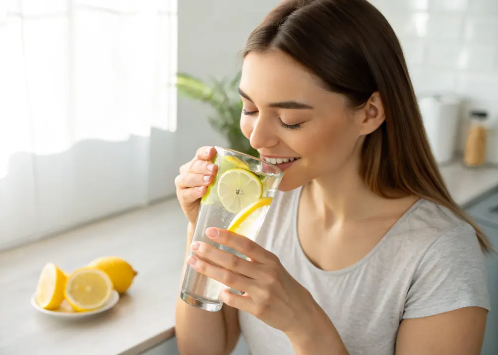 Refreshing glass of lemon water for hydration.