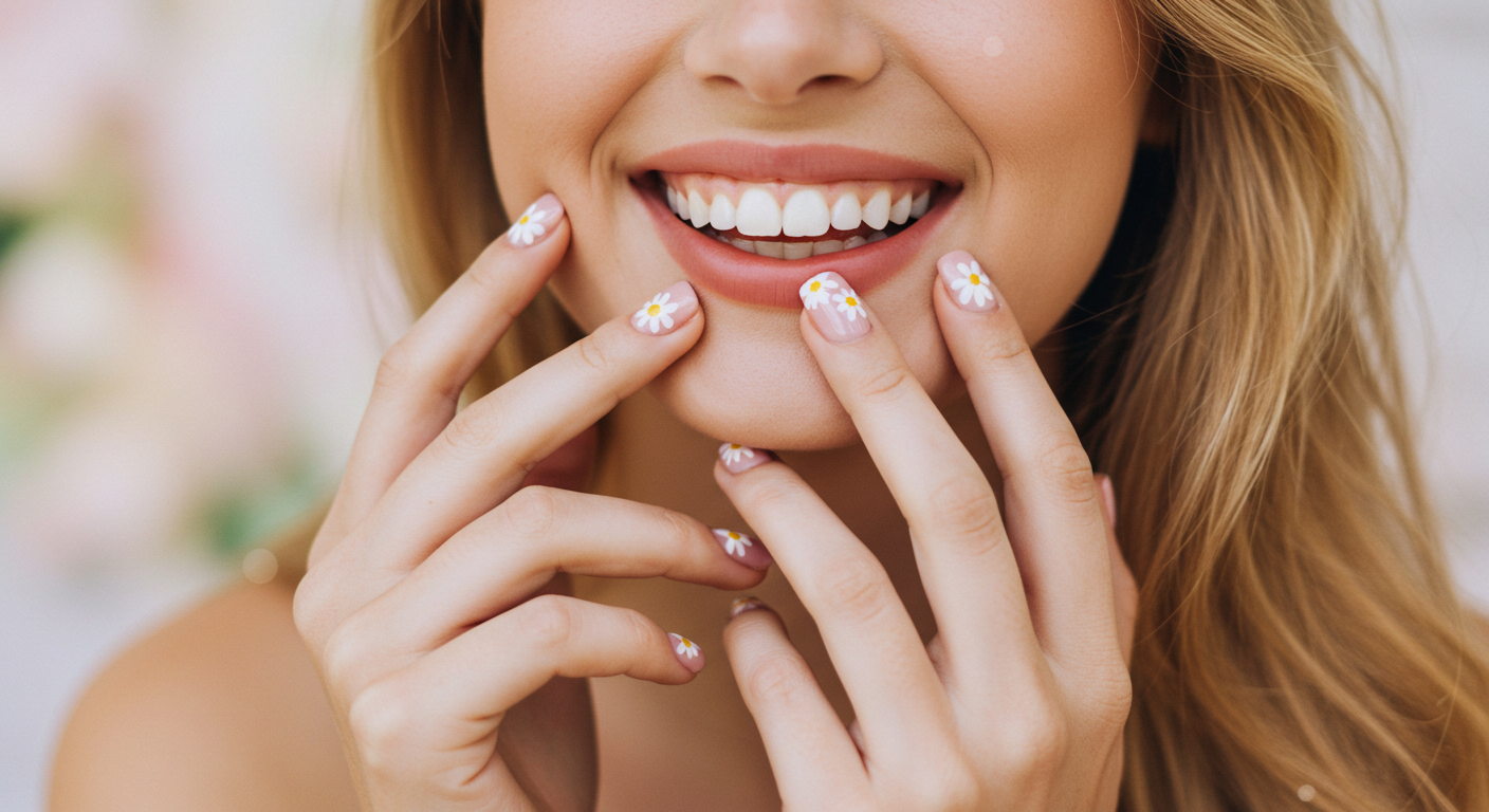 Pastel nails with daisy nail art designs.