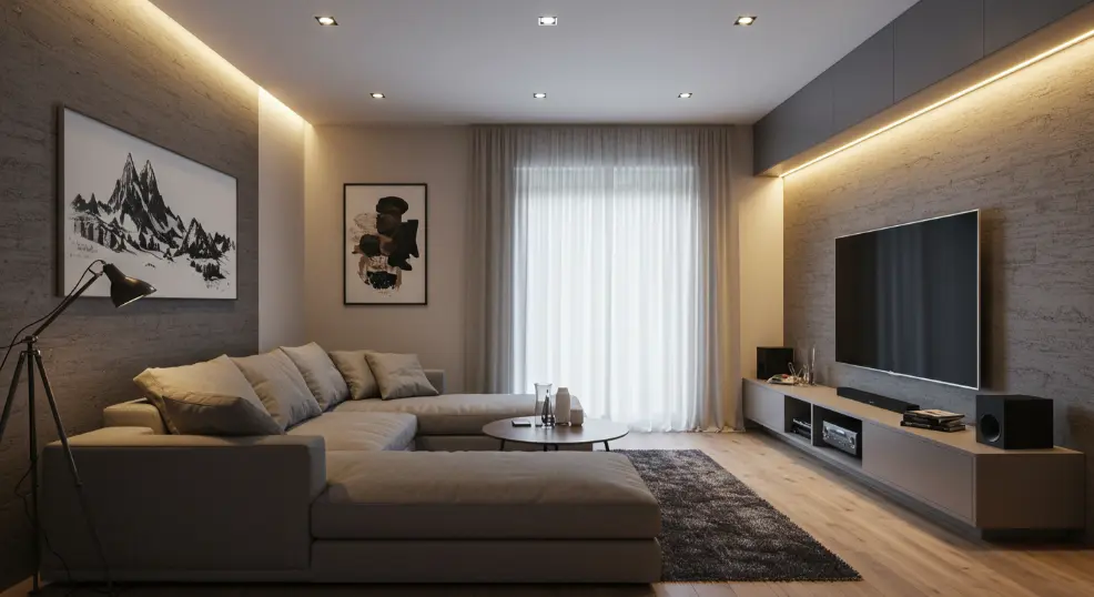 Cozy bedroom home theatre with projector.