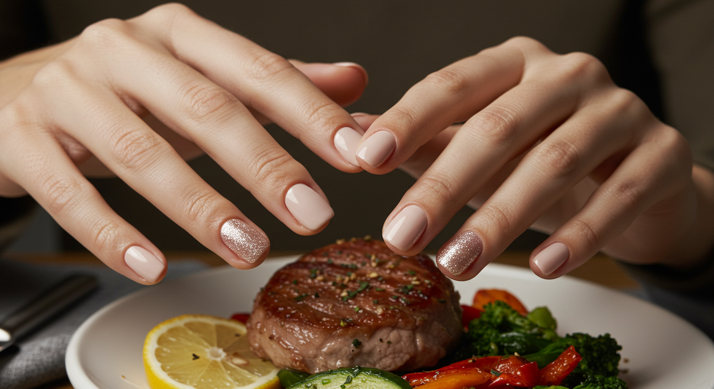  Elegant nude manicure with single glitter accent nail.