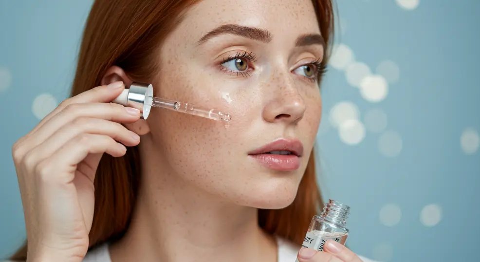 : Person applying a serum with a dropper onto their cheek.