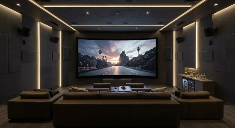 Projector on tripod projecting onto a wall in bedroom.