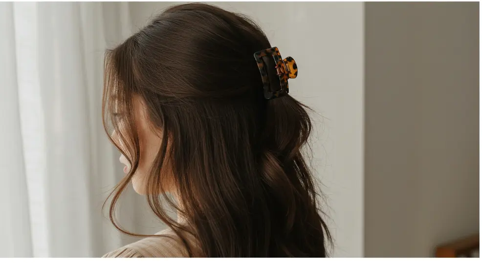 Half-up, half-down hairstyle using a claw clip.