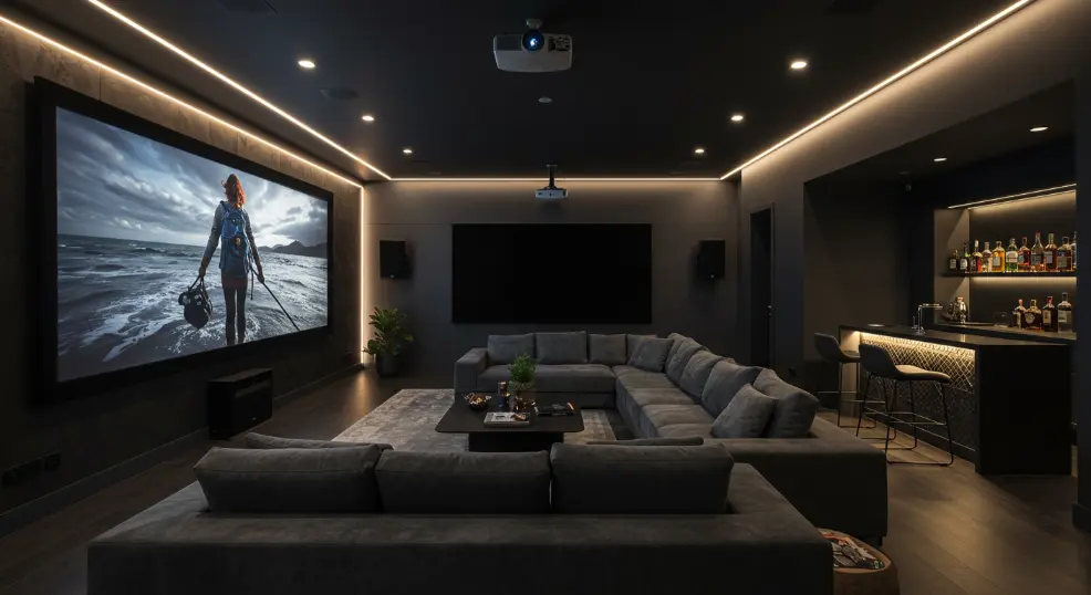 urround sound speakers around a couch in home theatre.