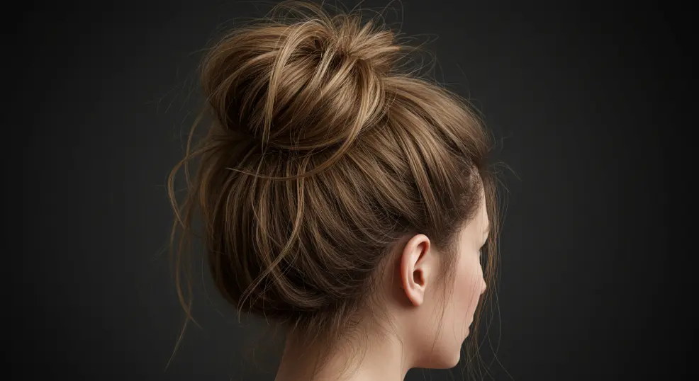 Messy bun hairstyle for a relaxed natural look.