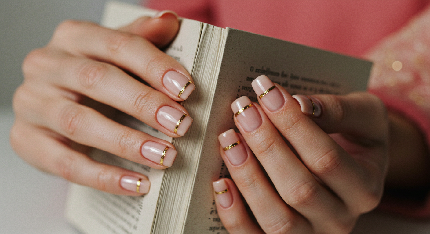 Elegant nails with subtle gold stripe accent.