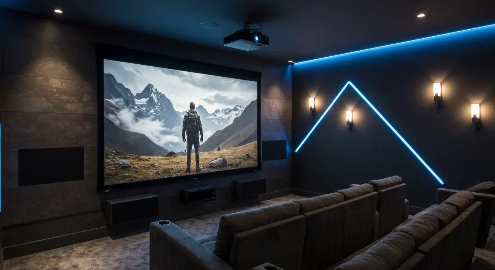 Soft LED lights around TV screen in dark living room.
