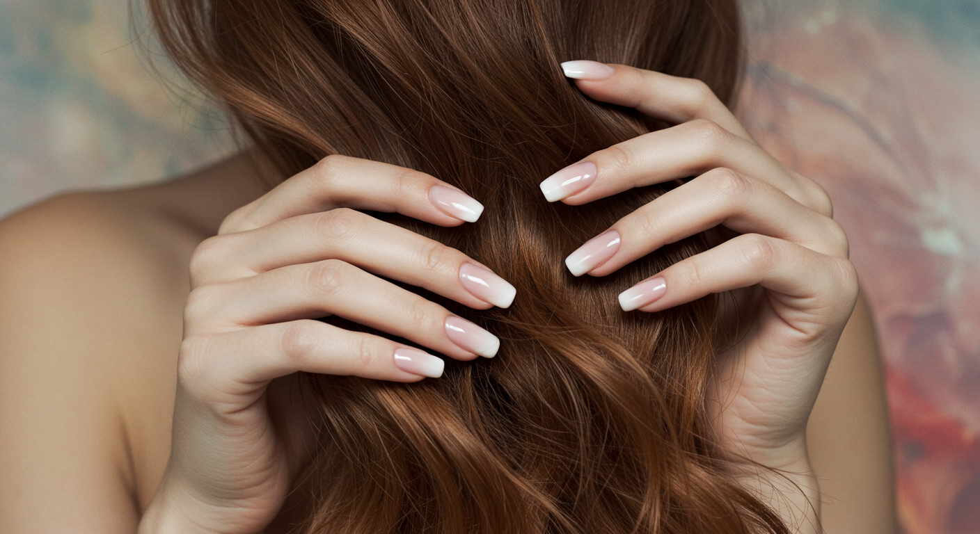Nude ombre nails with subtle white fade.

