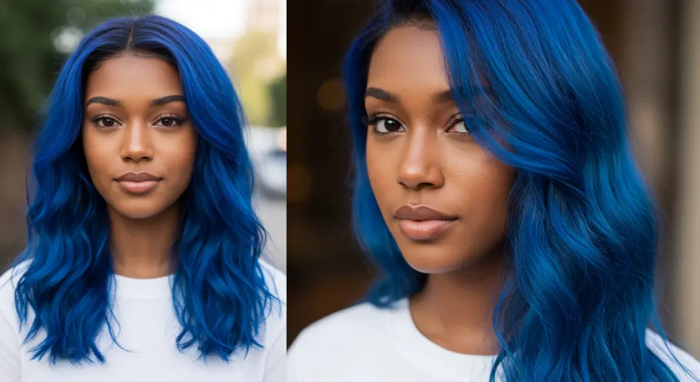 Brown-skinned woman with bold blue hair color.