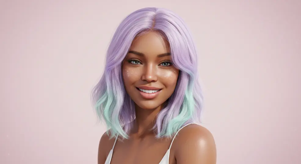 Brown-skinned woman with pastel pink hair color.