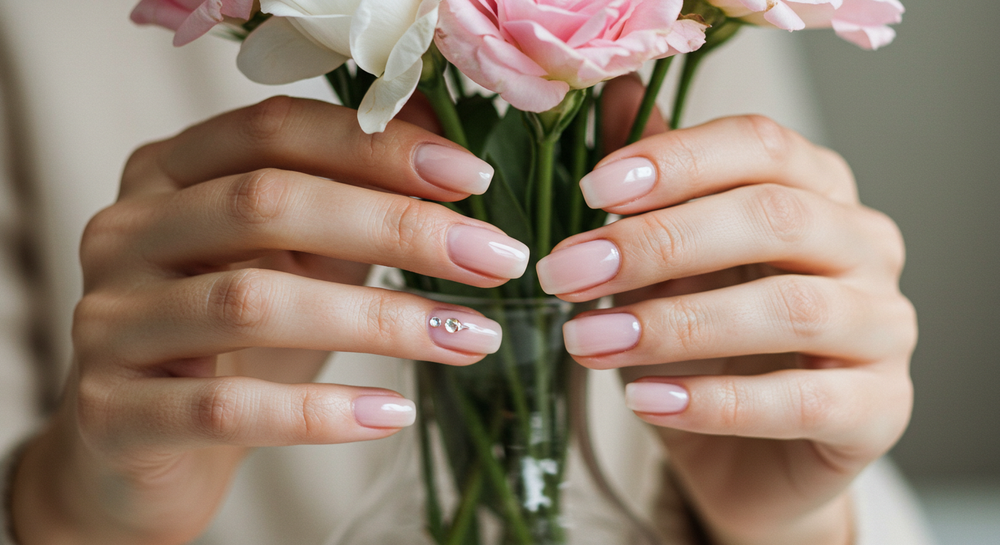  Sheer pink glossy nails with a natural look.