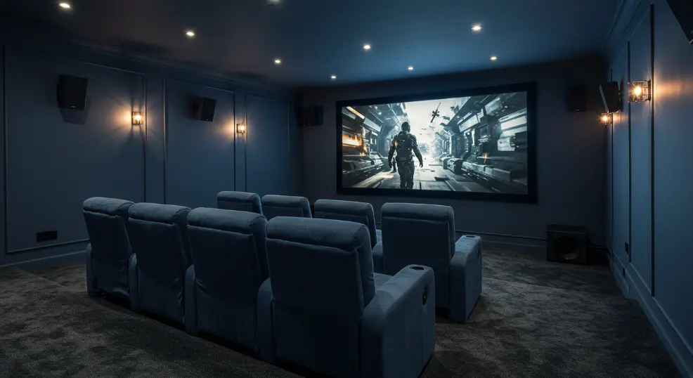 Surround sound speakers around a couch in home theatre.