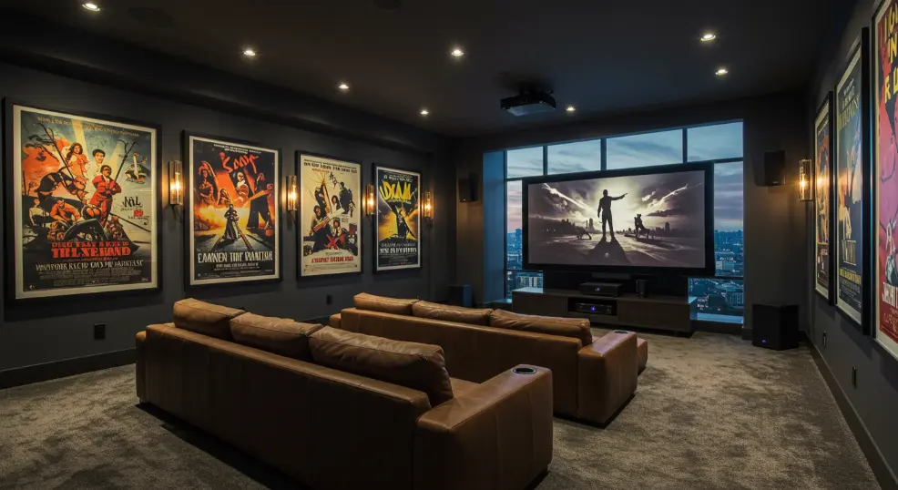 movie posters in a home movie room.