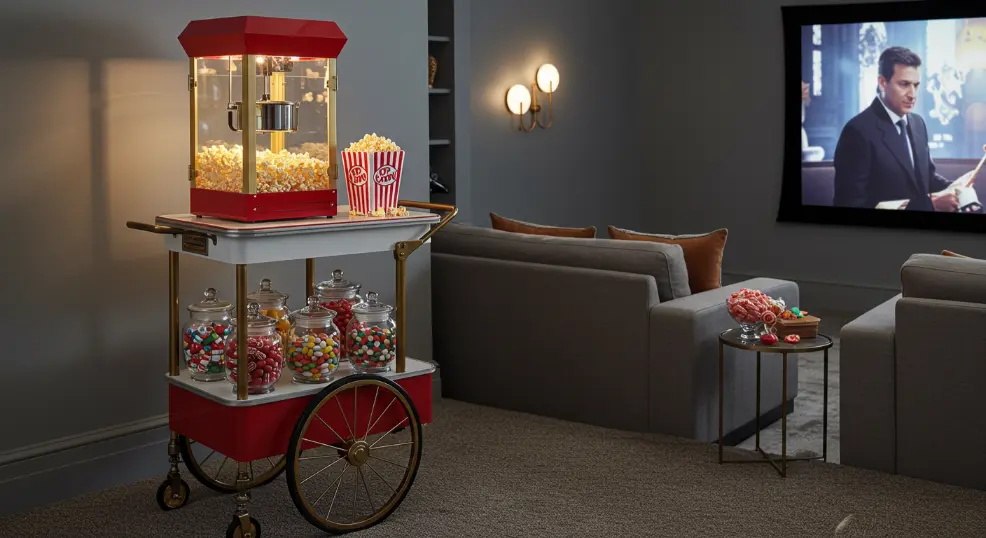  Popcorn machine and candy display in home theatre.