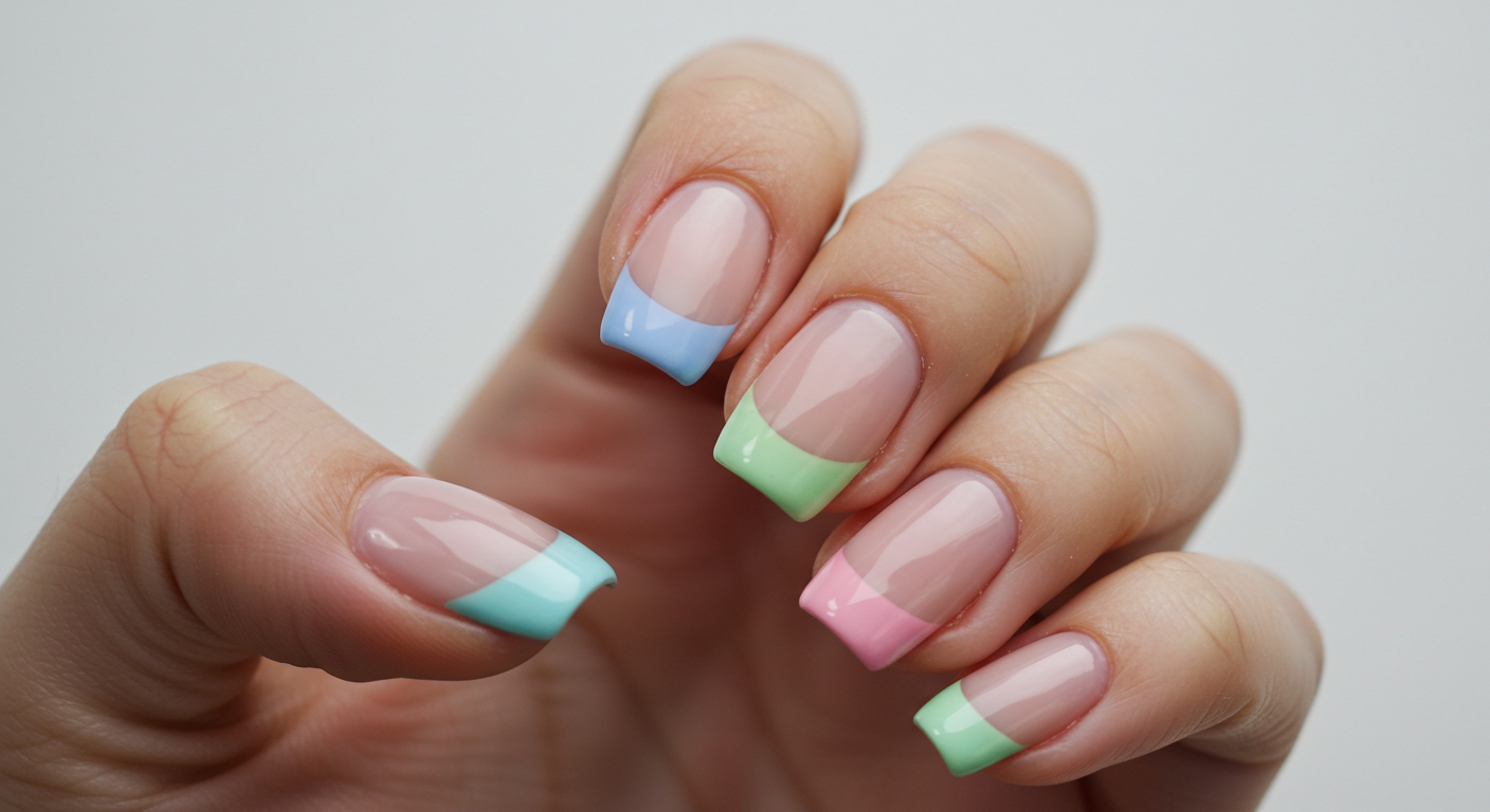 Nude nails with pastel-colored tips.