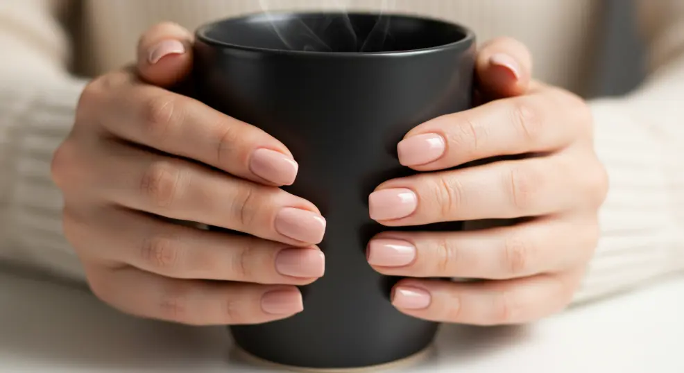  Healthy, smooth hands holding a warm coffee cup.