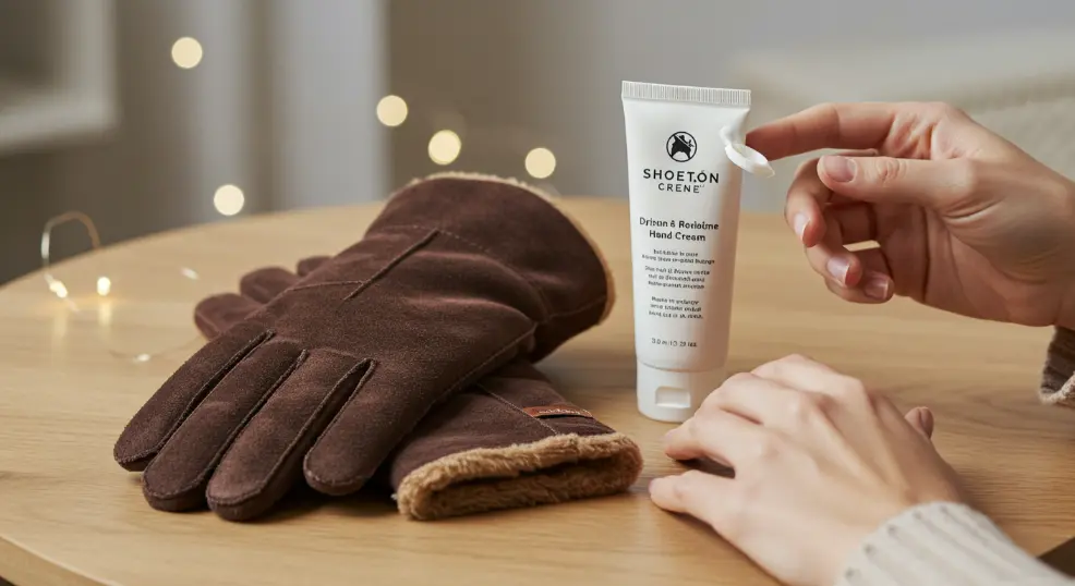 Hand cream next to warm gloves for winter protection.