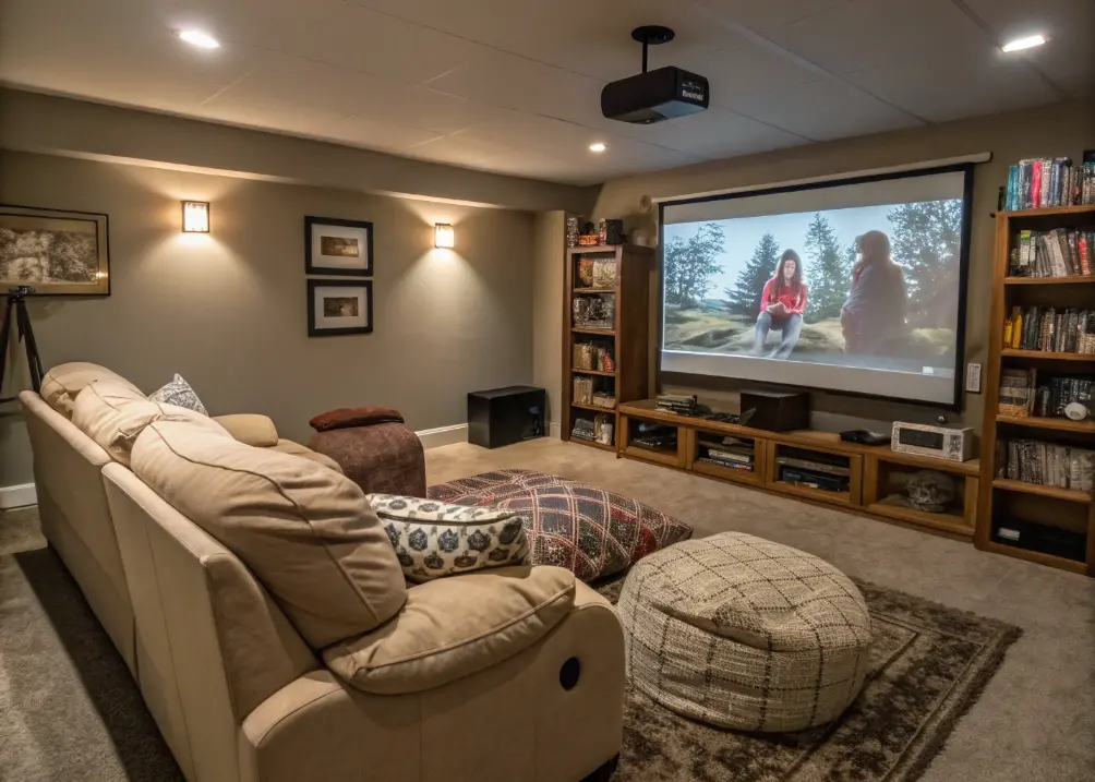  Small living room with couch, projector, and fairy lights.

