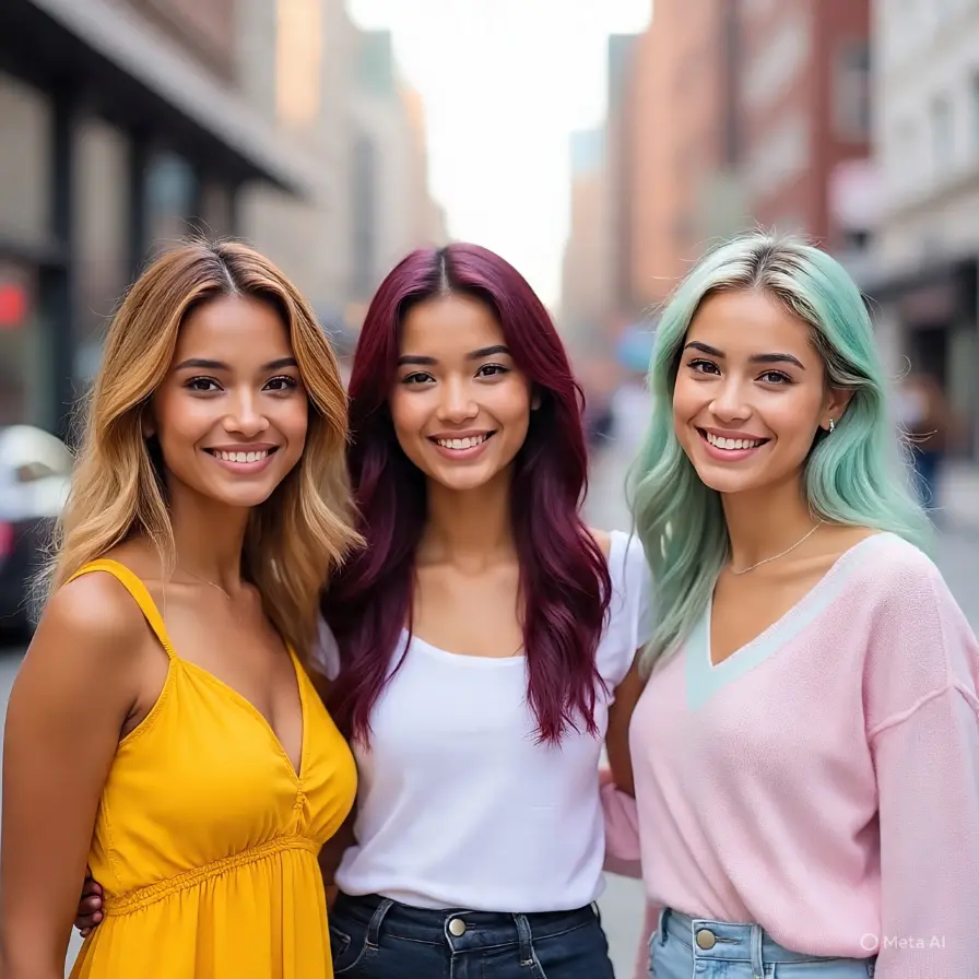 three young brown skin woman with different hair color
