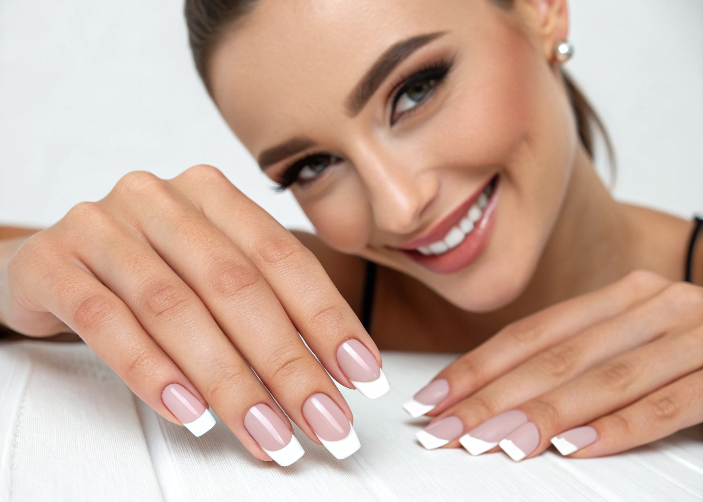  Classic French manicure with white tips on natural nails.