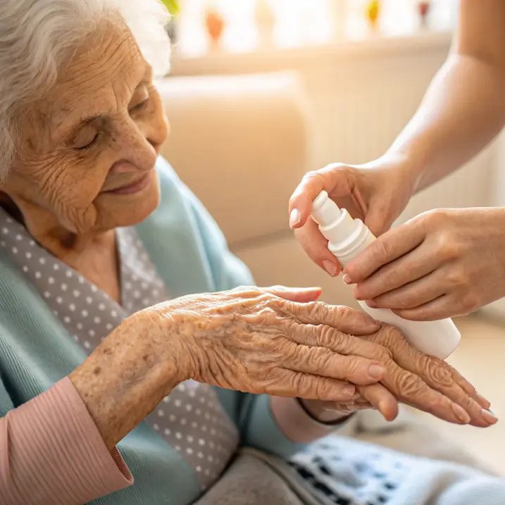 Mature hands receiving gentle hand care.