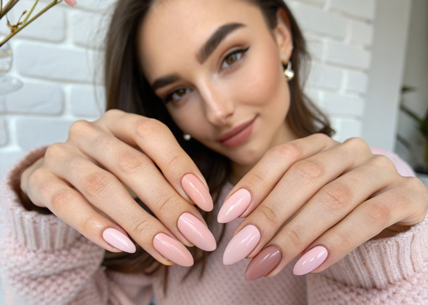 Nude nails painted in soft, neutral shades.