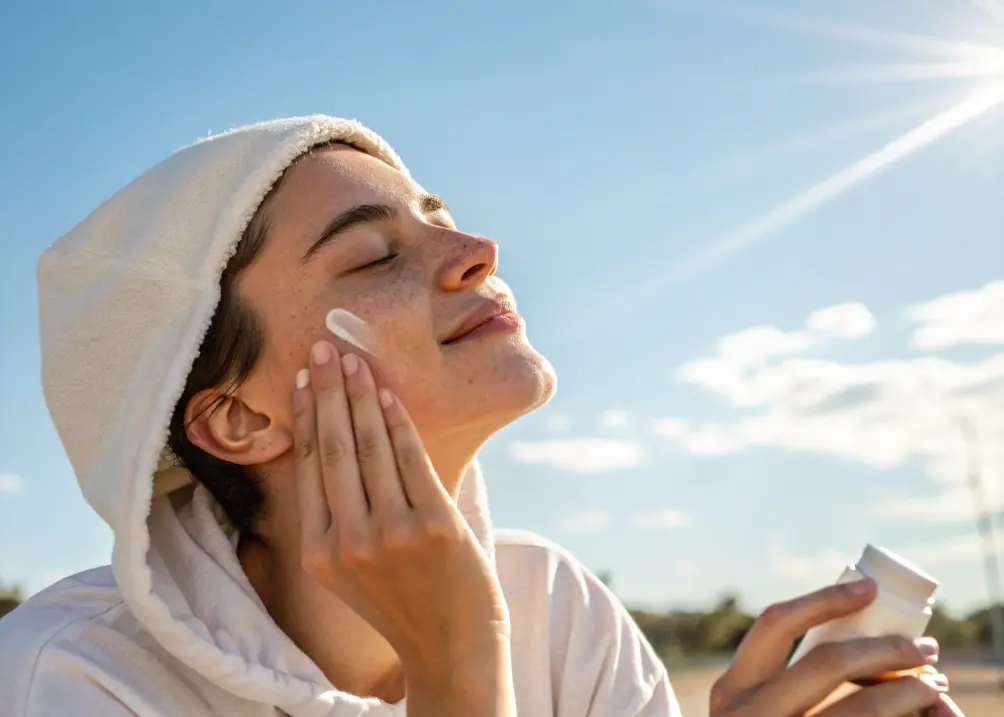 Applying sunscreen daily as part of glass skin routine.