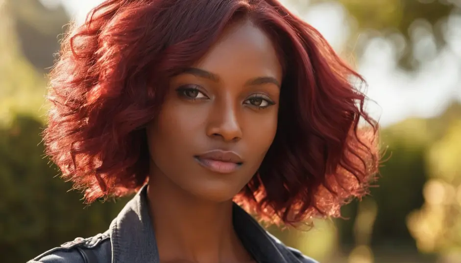 Brown-skinned woman with burgundy red hair.
