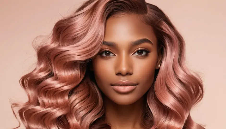 Rose gold hair color on woman with brown skin.