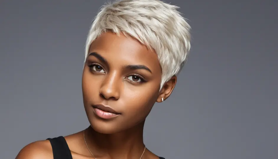 Brown-skinned woman with platinum blonde short hair.