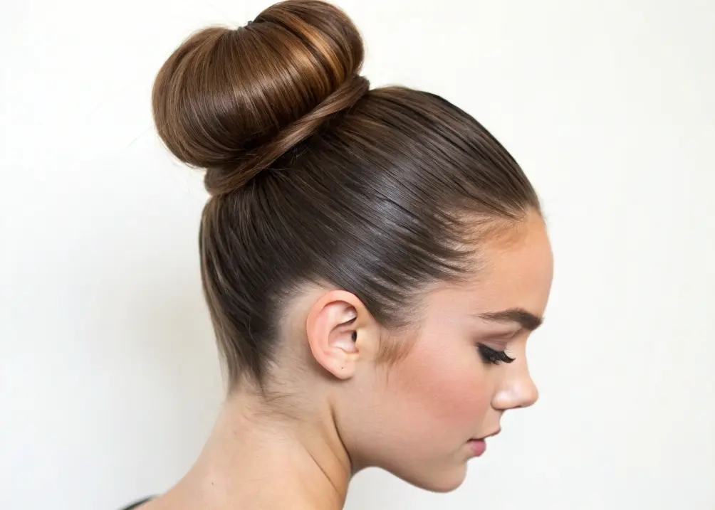 Simple top knot hairstyle tied neatly on top of the head.