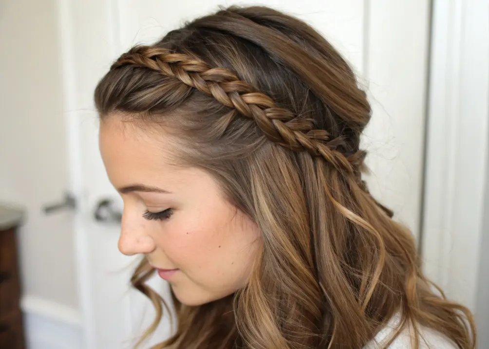 Braided headband hairstyle with natural waves.