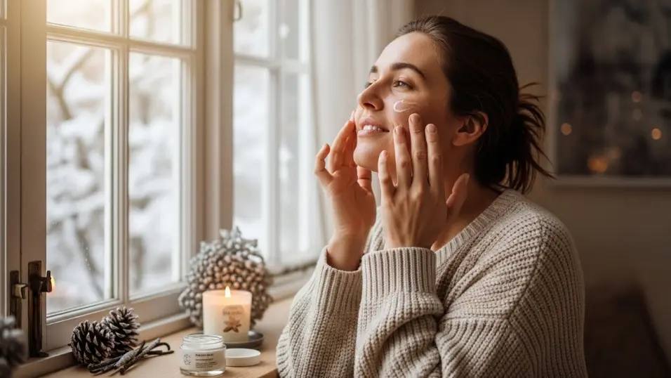  Moisturizing skin before applying winter makeup.