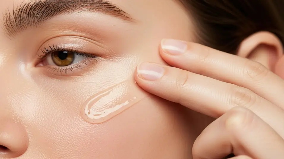 Applying hydrating primer for dry winter skin.