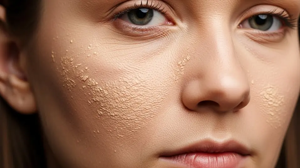 Cakey winter makeup on dry skin.