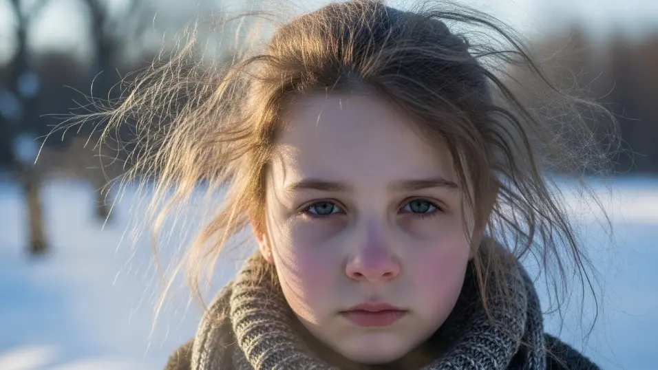  Dry and frizzy hair caused by cold winter weather.