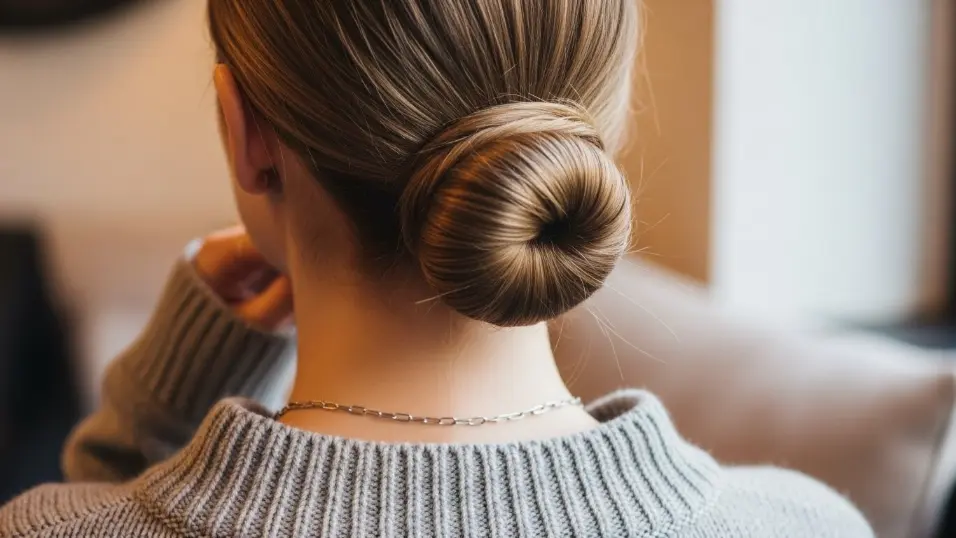  Sleek low bun hairstyle controlling frizz in winter.