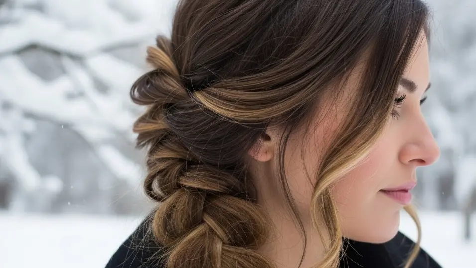  Loose braid hairstyle protecting hair from winter dryness.