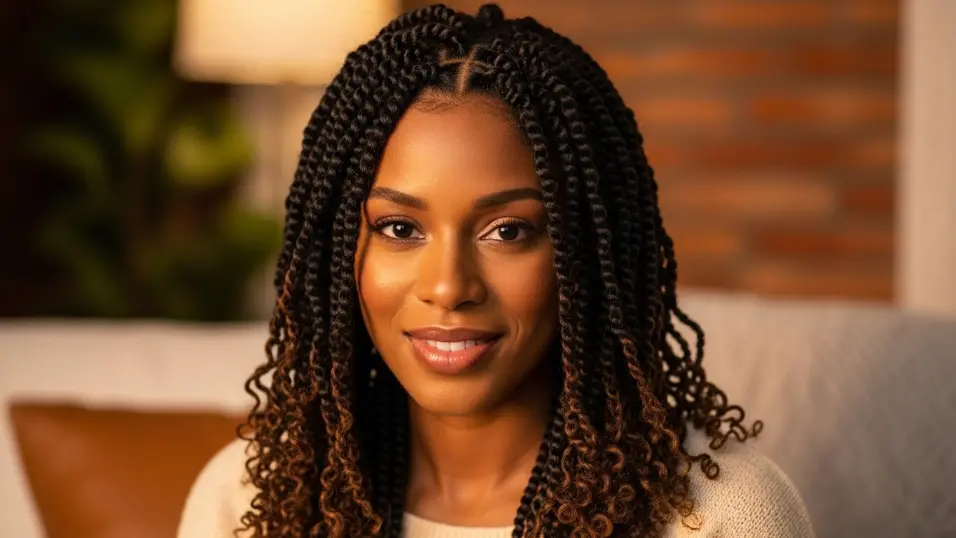Twisted hairstyle protecting natural hair from winter dryness.