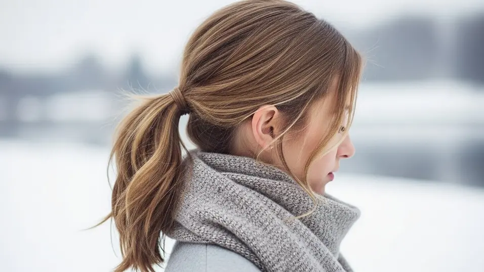  Low ponytail hairstyle that helps reduce winter frizz.