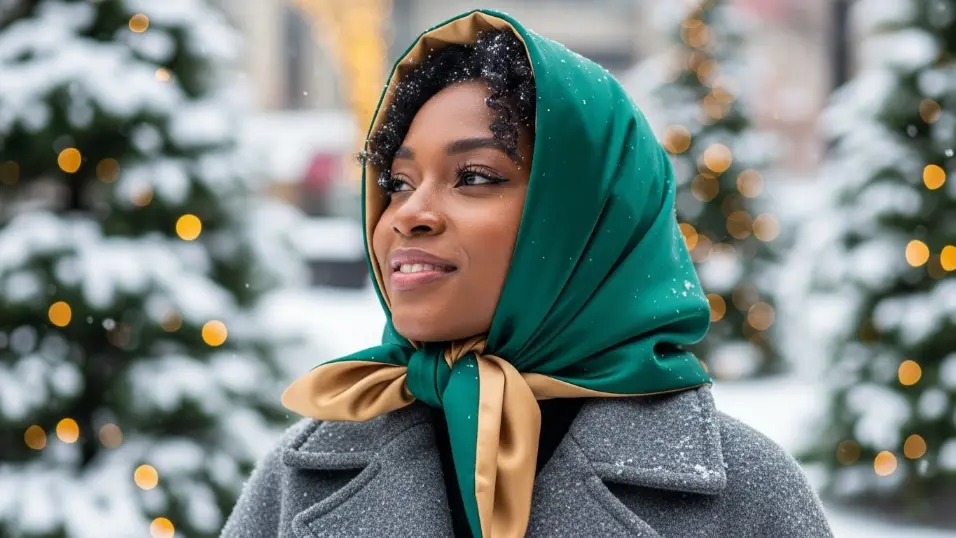 Using a silk-lined scarf to protect hair in winter.